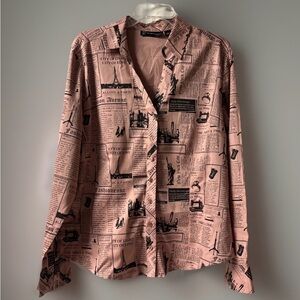 Stylish Vintage Inspired Mauve Newspaper Print women’s Shirt Sz L New Money